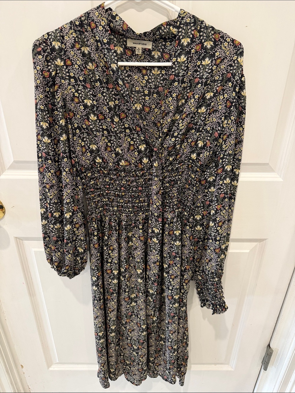 Max Studio Black Floral Smocked-Waist Long Sleeve Midi Dress